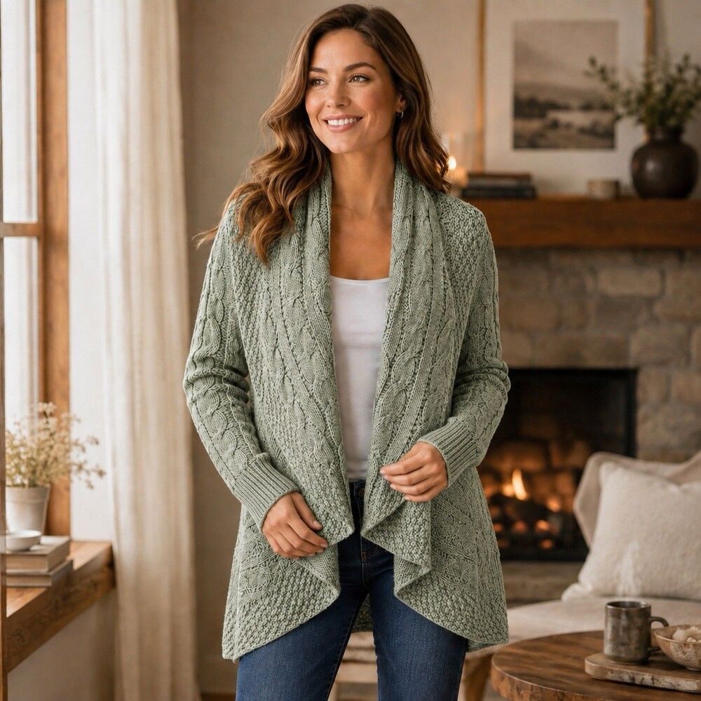 Ralph Lauren Rugby Sage Green Wool Cable Knit Waterfall Cardigan XS Cozy Preppy